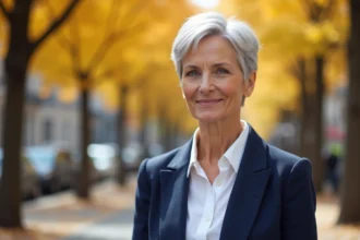 Femme de 70 ans avec une coupe pixie argentée courte et dynamique, portant un blazer marine, souriante en extérieur en automne