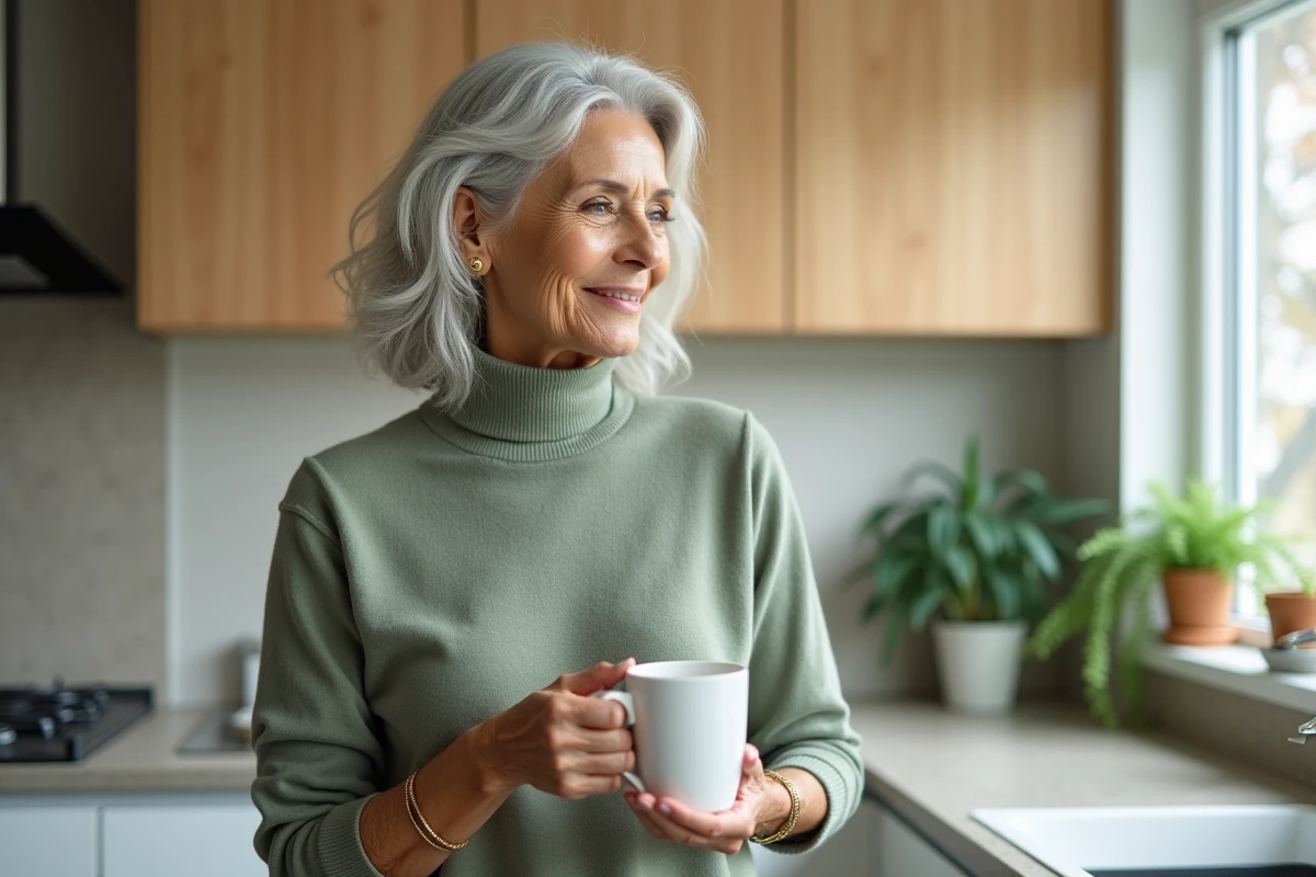 Femme de 70 ans avec des ondulations mi-longues argentées naturelles dans une cuisine moderne, coiffure volumineuse et rajeunissante au quotidien