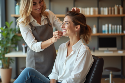 Jeune femme en coiffure tiper dans un salon moderne