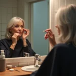 Femme appliquant une coloration racine cheveux blancs à domicile devant un miroir de salle de bain