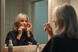 Femme appliquant une coloration racine cheveux blancs à domicile devant un miroir de salle de bain