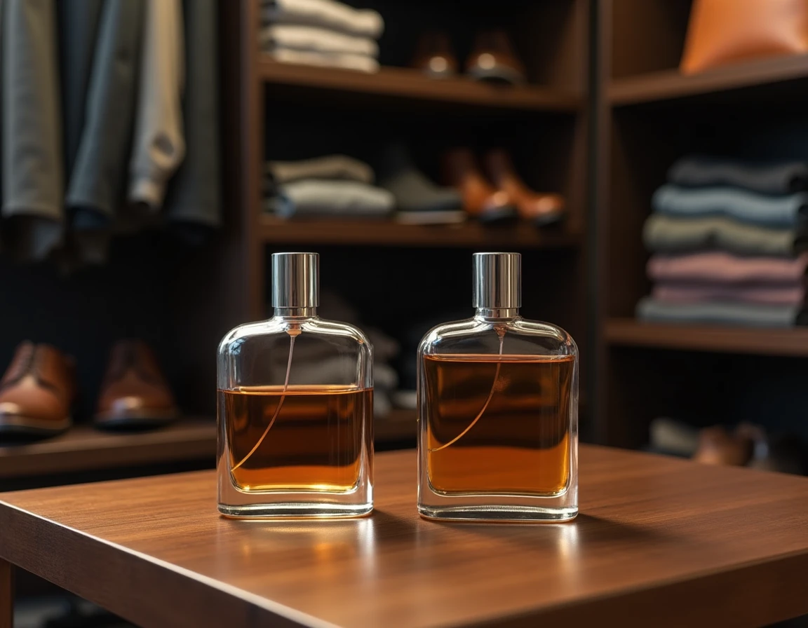 Comparaison de deux flacons de parfum dupe et original posés sur une surface en bois dans un dressing masculin