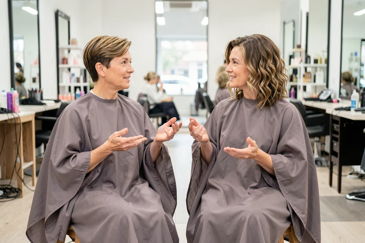 Comparaison entre mini vague et permanente wavy sur cheveux fins courts, deux femmes en salon de coiffure