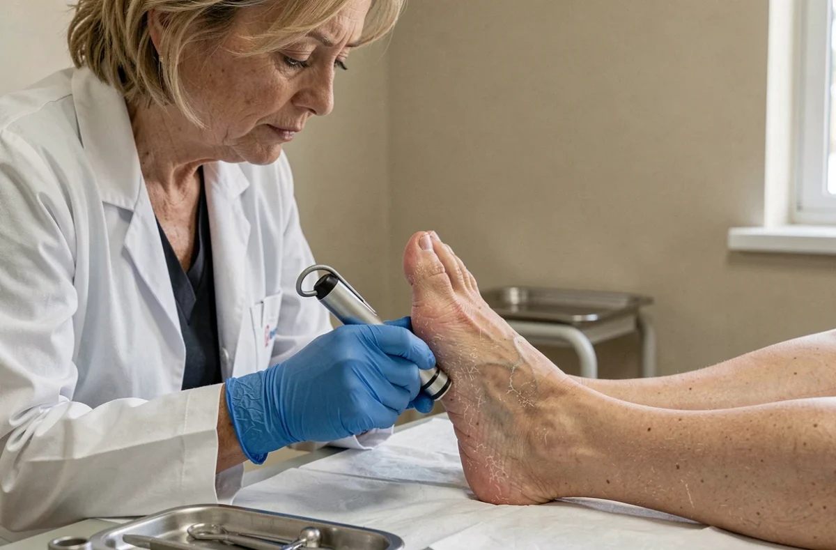 Dermatologue examinant un pied avec des peaux mortes tenaces lors d'une consultation médicale