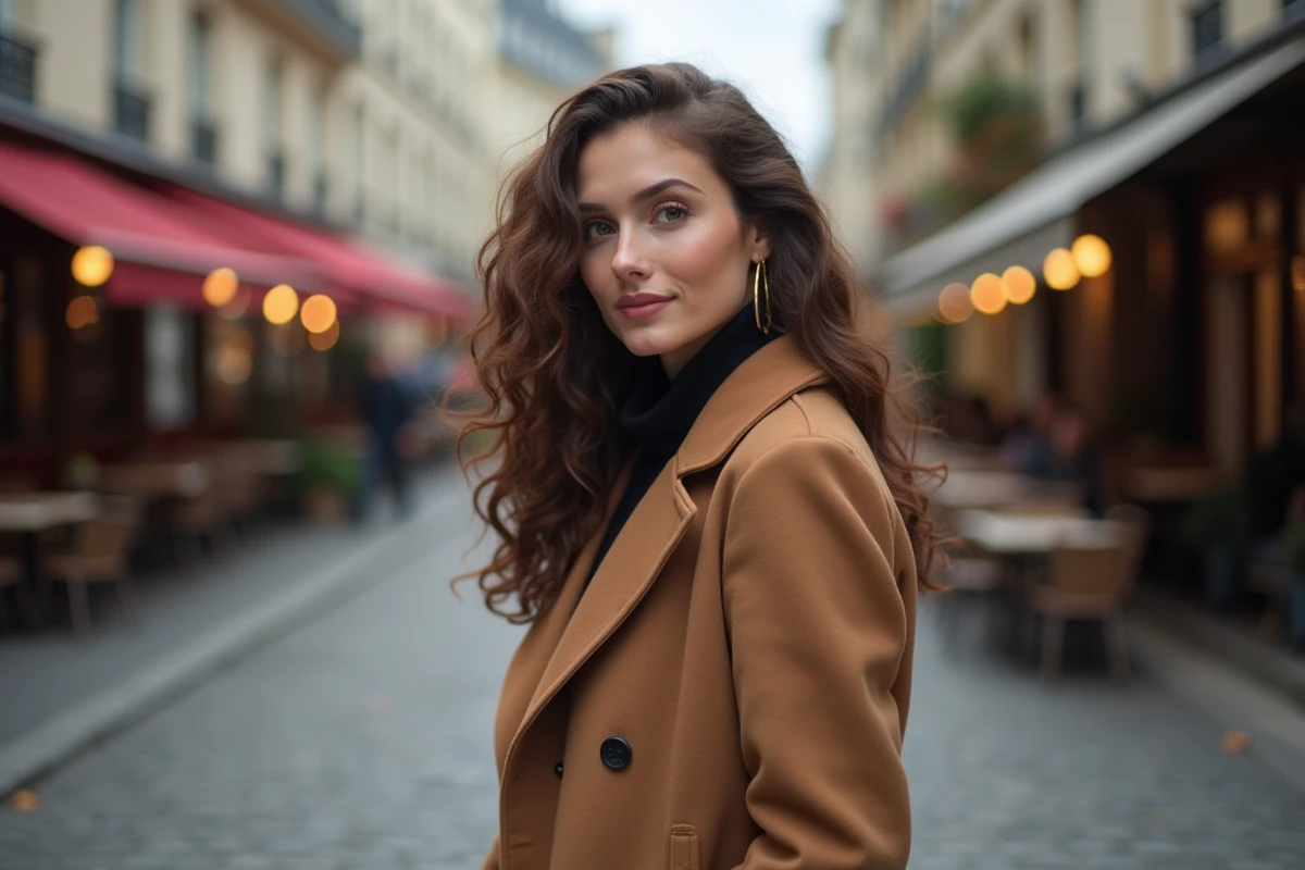 Femme aux longs cheveux bouclés asymétriques avec manteau camel dans une rue parisienne