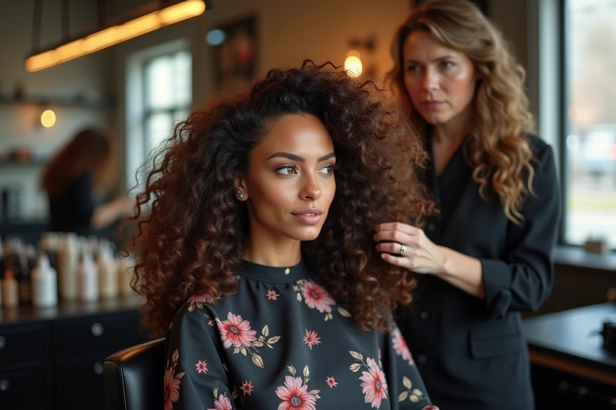 Styliste coiffant les longs cheveux bouclés d'une femme en salon pour harmoniser un visage rond