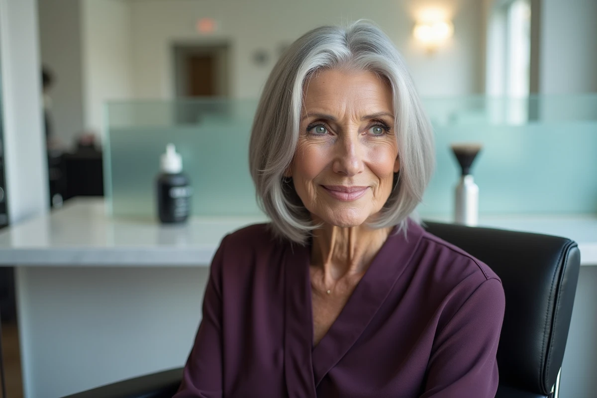 Femme de 72 ans avec un carré plongeant gris avec reflets chauds dans un salon de coiffure moderne, look soigné et rajeunissant