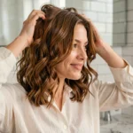 Femme aux boucles naturelles avec une coupe carré mi-long devant un miroir de salle de bain