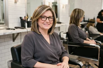 Femme de 50 ans avec visage rond et lunettes rectangulaires dans un salon de coiffure, coupe au carré avec mèches