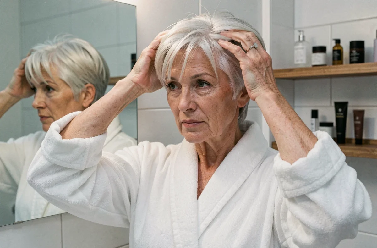 Femme aux cheveux fins argentés avec une coupe pixie courte et élégante dans une salle de bain moderne
