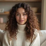 Femme aux cheveux longs bouclés en anneaux définis coiffure harmonisant un visage rond