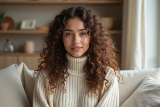 Femme aux cheveux longs bouclés en anneaux définis coiffure harmonisant un visage rond