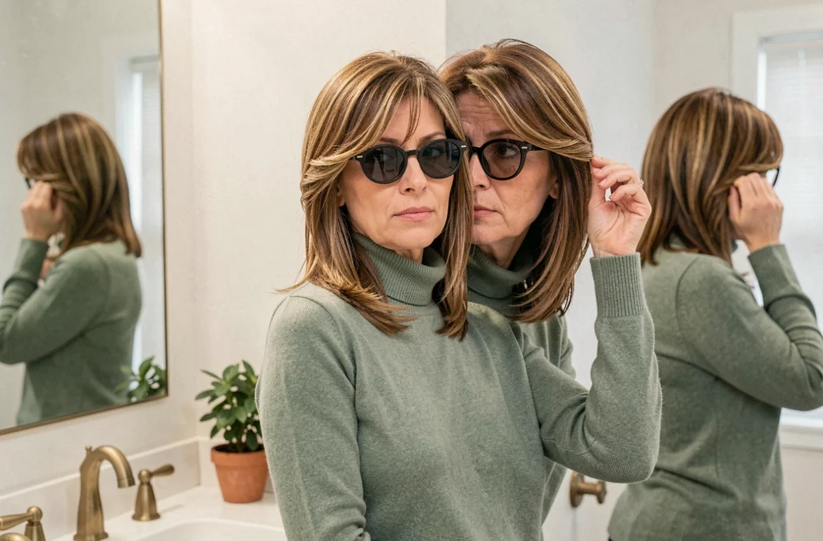 Femme de 50 ans visage rond avec lunettes ovales et coupe longue structurée devant un miroir de salle de bain