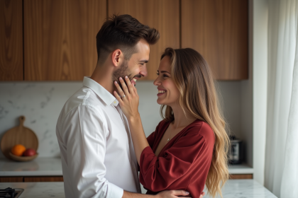 Couple en cuisine moderne partageant un moment tendre