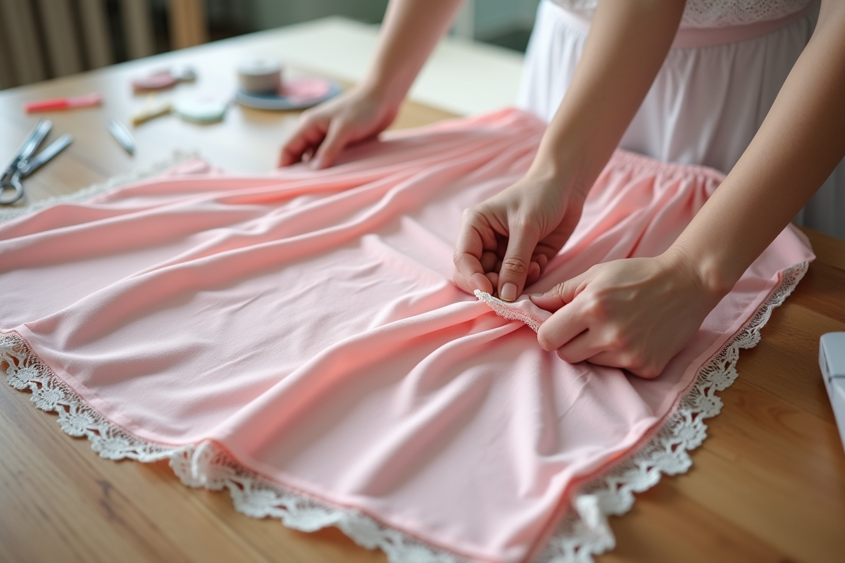 Mains cousant une dentelle sur une robe rose pastel sur une table en bois