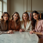 Quatre femmes élégantes dans un salon de couture parisien