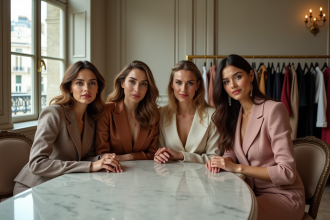 Quatre femmes élégantes dans un salon de couture parisien