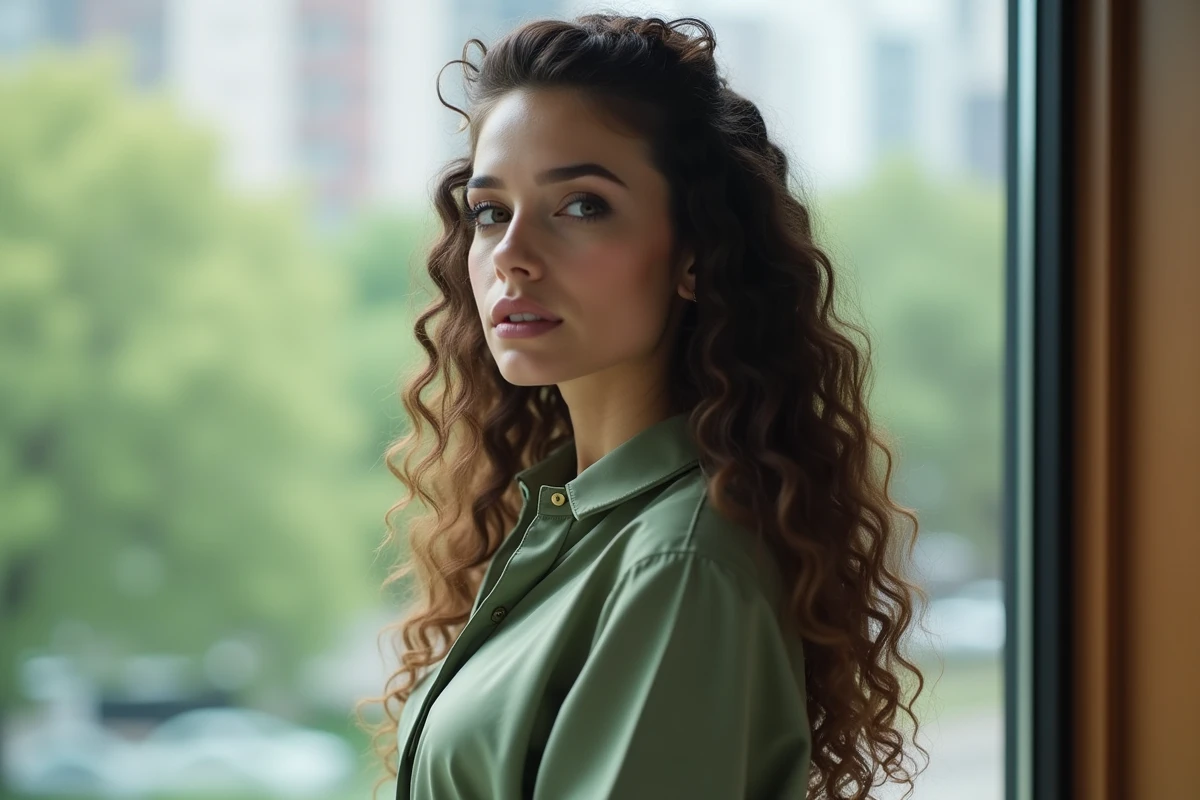 Coiffure demi-queue sur cheveux longs bouclés pour allonger visuellement un visage rond