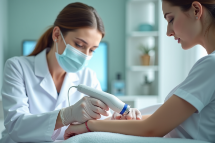 Dermatologue utilisant un laser sur un patient en clinique moderne