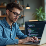 Jeune developpeur en code dans un bureau moderne