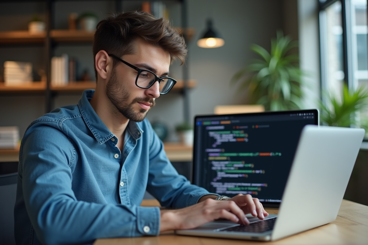 Jeune developpeur en code dans un bureau moderne