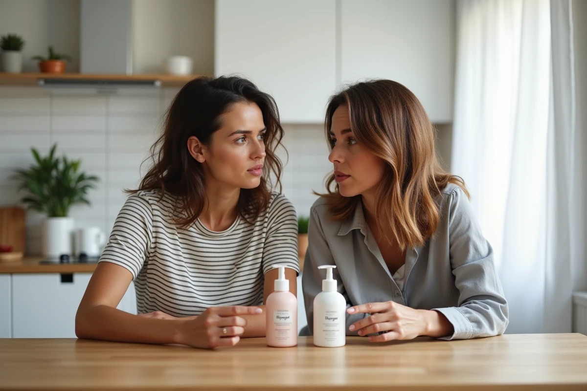 Deux femmes discutant des effets négatifs d'Olaplex autour d'une table de cuisine, l'une montrant ses cheveux secs et abîmés à l'autre avec un regard sceptique