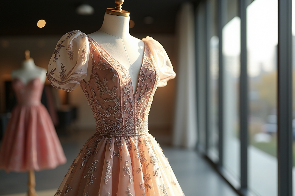 Zoom sur une robe Dior en showroom lumineux et moderne