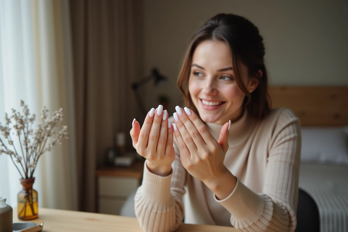 Femme inspectant ses ongles en porcelaine soignés devant un miroir de coiffeuse à la maison