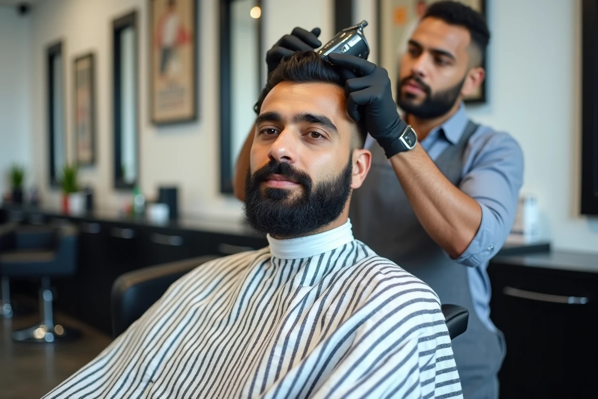 Barbier entretenant une coupe taper avec une tondeuse électrique, illustrant la fréquence de retouche nécessaire pour garder la coupe nette
