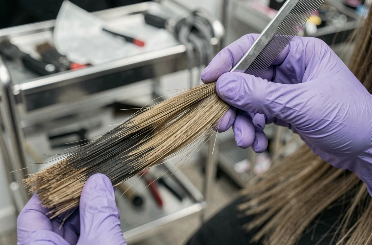 Gros plan sur une mèche de cheveux montrant un balayage raté avec démarcation visible sur cheveux blancs