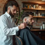 Barbier professionnel examinant une erreur de dégradé taper sur la tempe d'un client en salon de coiffure vintage