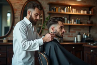 Barbier professionnel examinant une erreur de dégradé taper sur la tempe d'un client en salon de coiffure vintage