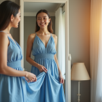 Femme souriante ajustant sa robe d'été bleue dans un miroir lumineux