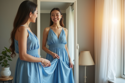 Femme souriante ajustant sa robe d'été bleue dans un miroir lumineux