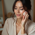 Femme appliquant du fond de teint avec une éponge naturelle