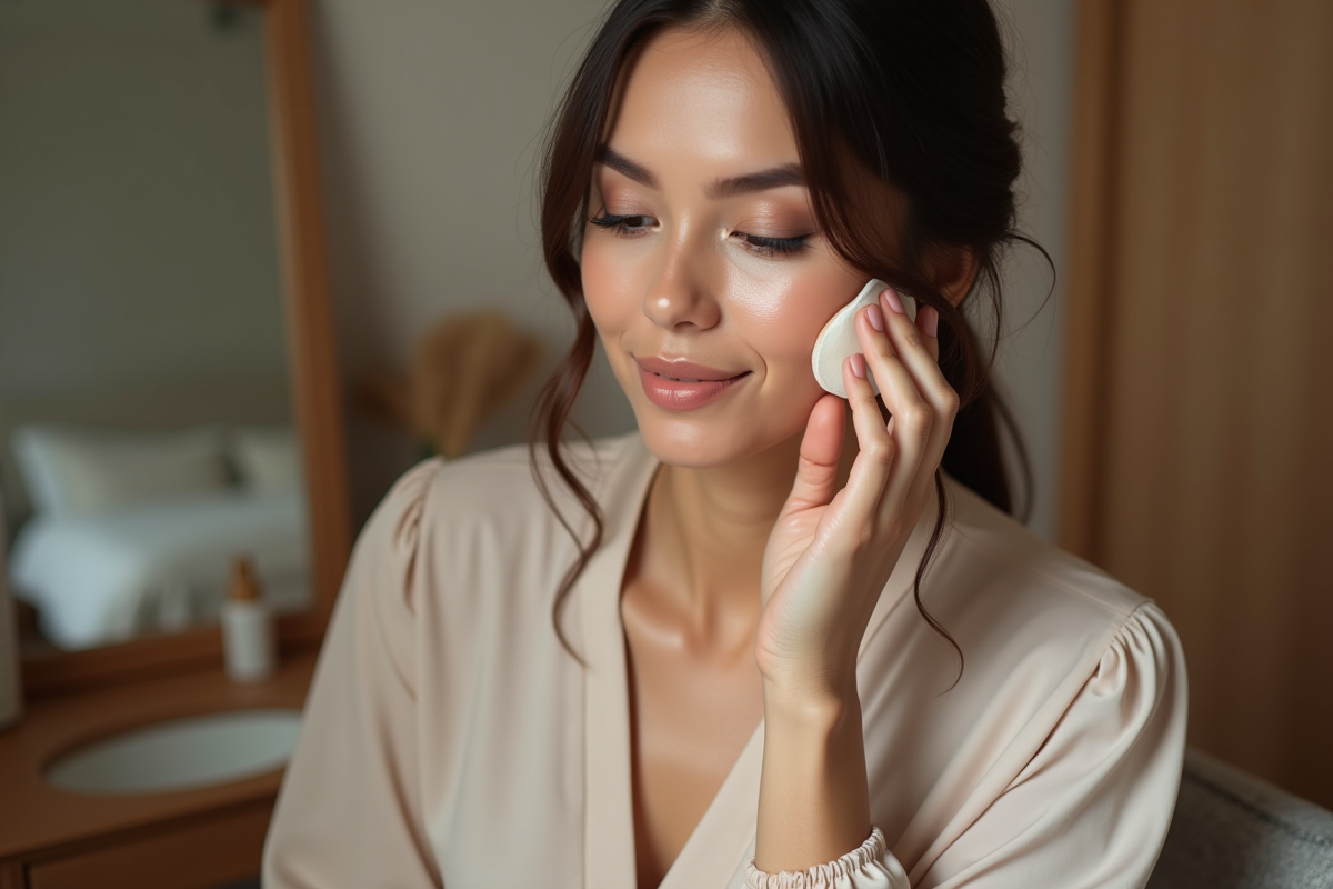 Femme appliquant du fond de teint avec une éponge naturelle