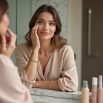 Femme élégante appliquant du fond de teint devant un miroir