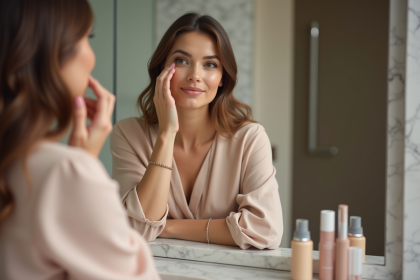Femme élégante appliquant du fond de teint devant un miroir