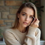 Femme appliquant un maquillage yeux avec un regard intense