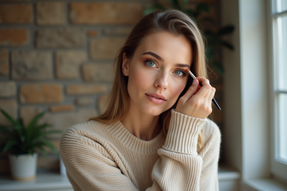 Femme appliquant un maquillage yeux avec un regard intense