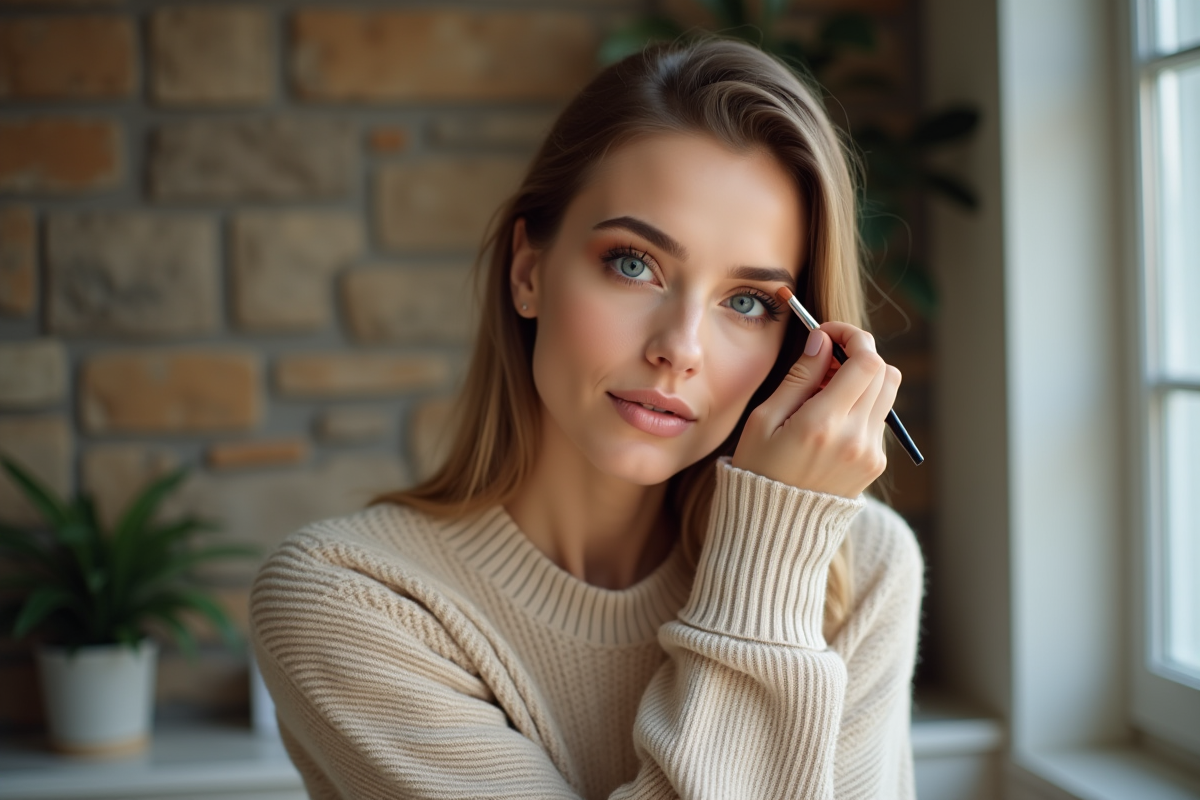 Femme appliquant un maquillage yeux avec un regard intense