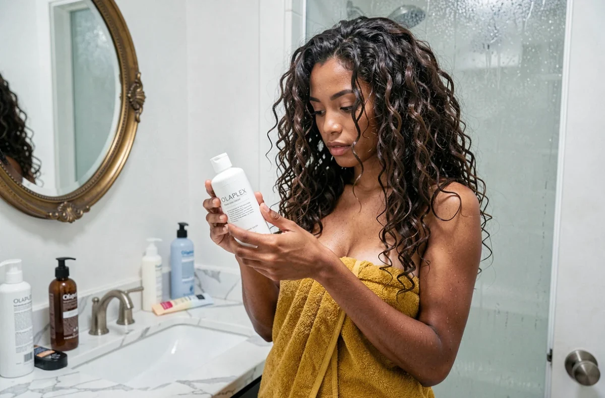 Jeune femme métisse examinant un flacon de soin Olaplex dans une salle de bain