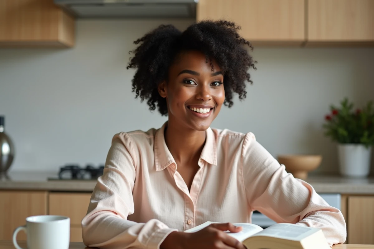 Jeune femme noire coiffant une perruque Kristia dans la cuisine