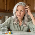 Femme de 52 ans aux cheveux blancs naturels passant la main dans ses cheveux dans une cuisine chaleureuse