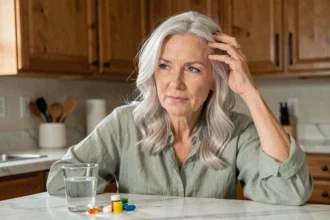 Femme de 52 ans aux cheveux blancs naturels passant la main dans ses cheveux dans une cuisine chaleureuse