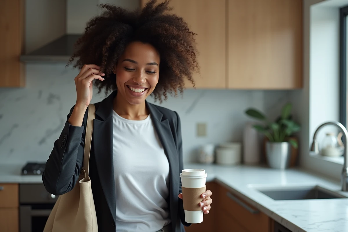 Femme pressée le matin coiffant ses cheveux bouclés rapidement dans la cuisine avant de partir au travail