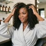 Femme aux cheveux bouclés naturels après un soin Olaplex dans un salon moderne