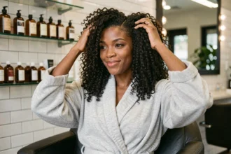 Femme aux cheveux bouclés naturels après un soin Olaplex dans un salon moderne
