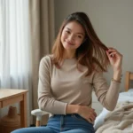 Femme aux cheveux bruns et coupe effilée dans une chambre lumineuse