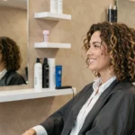 Femme aux cheveux fins et bouclés coiffée d'un bob volumineux dans un salon de coiffure moderne